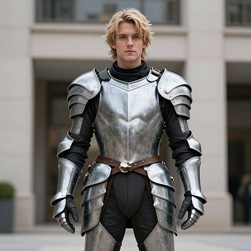Photograph of a blond, blue-eyed man in shiny silver medieval armor with black undergarments, standing in front of a modern building.