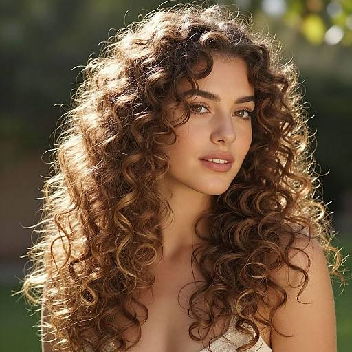 Photograph of a beautiful woman with voluminous, curly brown hair illuminated by sunlight, wearing a white top, against a blurred green outdoor background. She