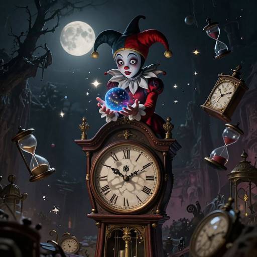 Digital illustration of a jester clown with white face paint, red and black hat, holding a glowing blue clock, atop a large clock tower in a