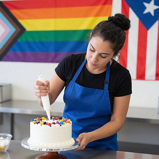 Woman Decorating Cake with Pride Flags