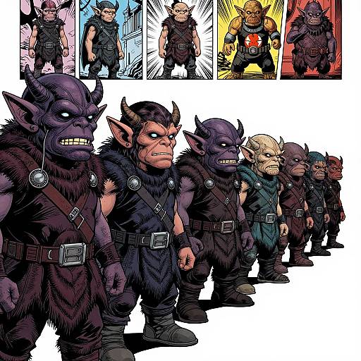Comic-style illustration of six muscular, dark-furred, horned goblin warriors in black fur vests and belts, standing in a line. Top:
