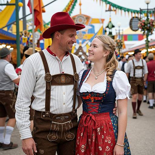 Photograph of a smiling Caucasian man in brown lederhosen and red hat, and a blonde woman in blue dirndl with white blouse, at