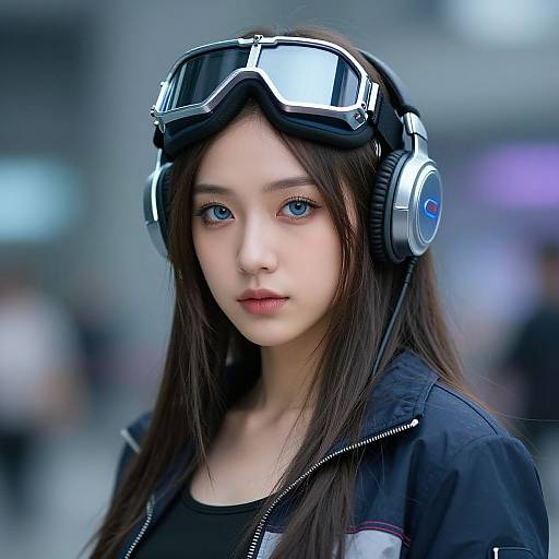 Photorealistic digital portrait of a young Asian woman with long brown hair, blue eyes, wearing black goggles, headphones, and a black jacket in a