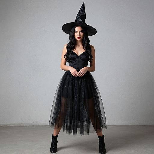Photograph of a pale-skinned woman with long black hair, wearing a black witch hat, dress with sheer tulle overlay, and black boots,