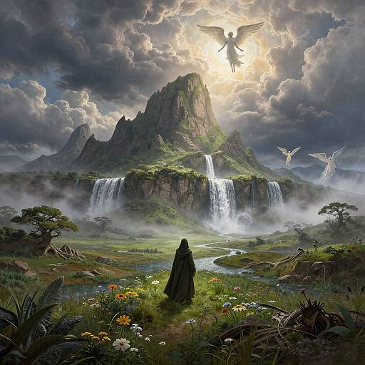 Fantasy landscape: cloaked figure in lush, flower-filled meadow gazes at towering mountain with waterfall, ethereal angels flying, sunburst in