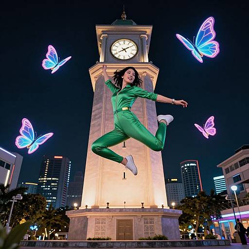 Photograph of a woman in a green jumpsuit and white sneakers, mid-jump, against a lit clock tower with glowing purple butterflies in a nighttime