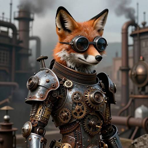 CGI image of a fox-headed anthropomorphic character in steampunk armor, wearing round goggles, set in an industrial factory backdrop.