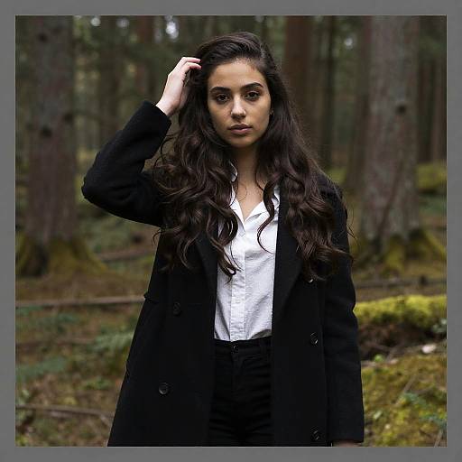 Photograph of a dark-haired woman with long wavy hair, wearing a black coat over a white shirt, standing in a mossy forest, hand