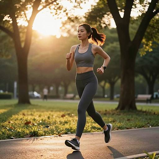 Photograph of a fit Asian woman with dark hair in a ponytail, wearing a gray sports bra and black leggings, running on a sunlit park