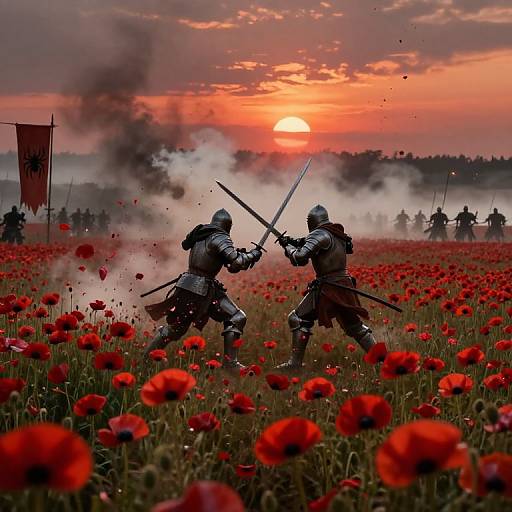 Photograph of two armored warriors clashing swords in a red poppy field at sunset, with smoke and distant soldiers in the background.