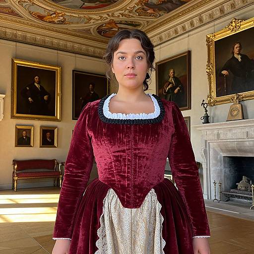 Photograph of a young woman with dark hair in a burgundy velvet dress with white lace apron, standing in an ornately decorated, sunlit