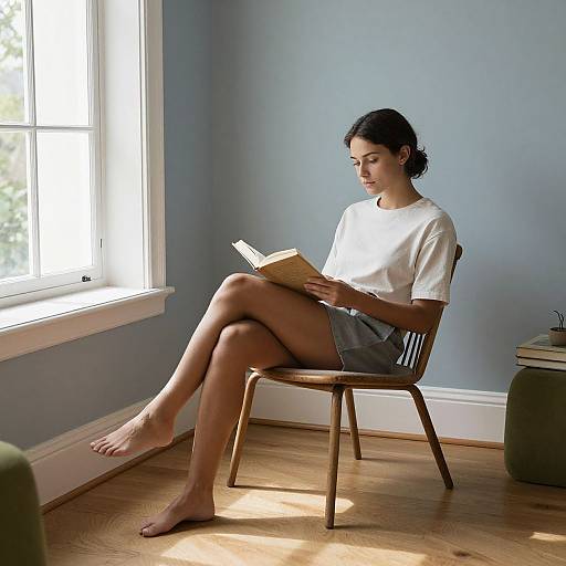 Photograph of a young woman with dark hair, wearing a white t-shirt and gray shorts, sitting barefoot on a wooden chair, reading a book