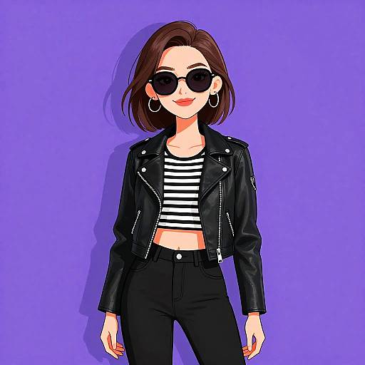 Digital illustration of a stylish woman with short brown hair, black sunglasses, hoop earrings, black leather jacket, striped top, and black pants against a vibrant