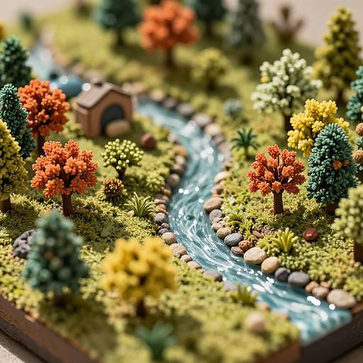 Photograph of a detailed LEGO diorama featuring a winding blue stream, colorful autumn trees, grassy terrain, small house, and rocks.