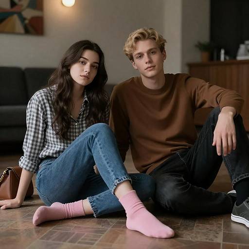 Dimly Lit Couple on Patterned Floor