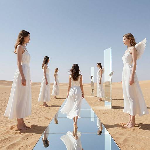Photograph of five women in white dresses and angel wings standing in a desert, reflecting on a mirrored path under clear blue sky.
