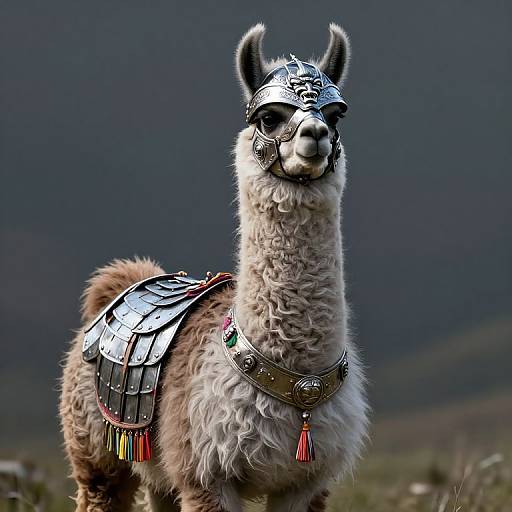 Photograph of a llama wearing medieval armor, including a helmet and chainmail, with colorful tassels, set against a mountainous background.