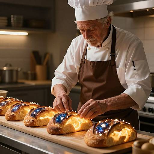 Elderly Chef Crafting Glowing Celestial Bread