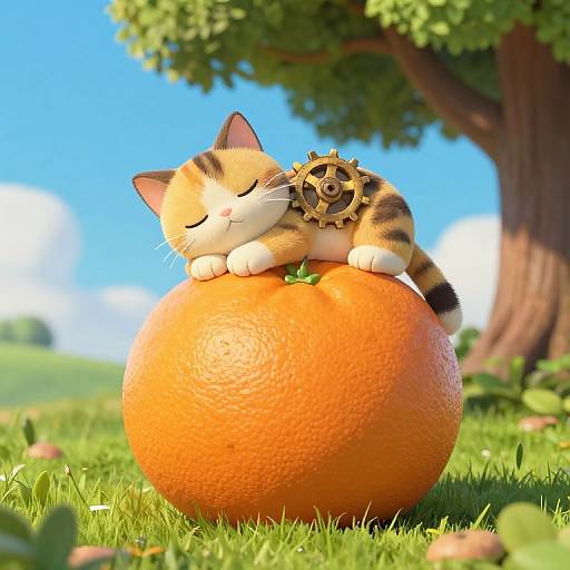 Digital illustration of a sleeping, orange-striped cat with a gear on its back, resting on a large orange in a sunny, grassy field with a