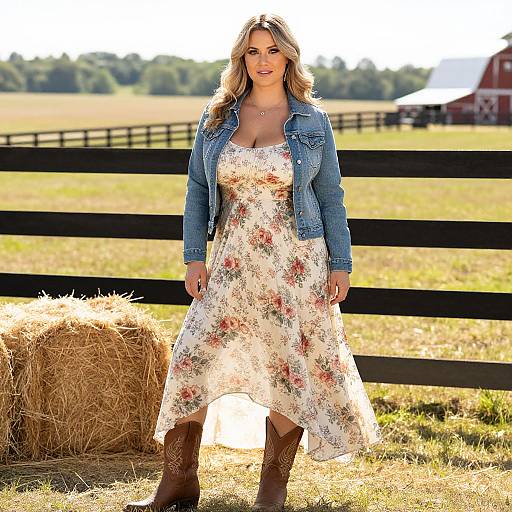 Photograph of a blonde woman in a floral dress and denim jacket, standing in a sunlit farm field with black fence, hay bale, and