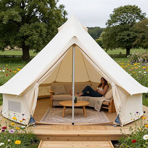 Photograph of a woman relaxing in a white canvas tent with wooden floor, surrounded by a colorful flower meadow and tall trees.