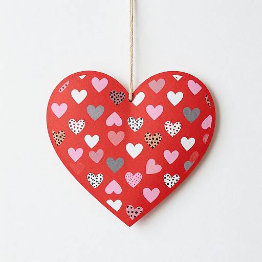 Photograph of a red heart-shaped paper ornament with pink, white, gray, and black polka-dotted hearts, hanging by a white string.