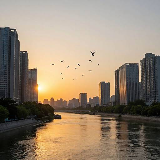 Photograph of a cityscape at sunset, featuring tall skyscrapers flanking a reflective river, with birds flying against a vibrant orange sky.