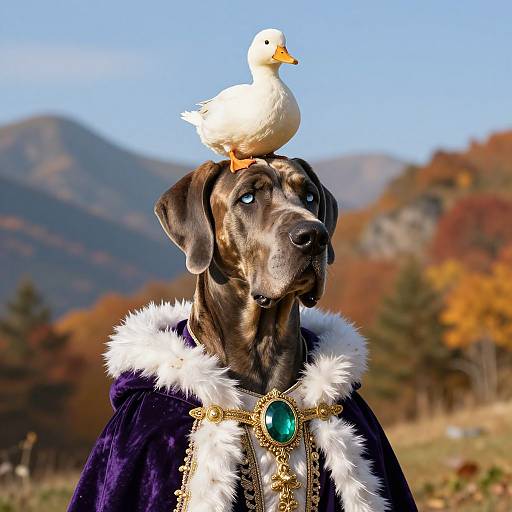 Photograph of a black Labrador wearing a purple velvet cape with white fur trim, gold details, and a green gemstone, topped by a white duck