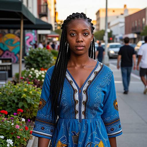 Photograph of a young Black woman with long braids, wearing a blue patterned dress, standing on a vibrant urban street with graffiti and flowers in