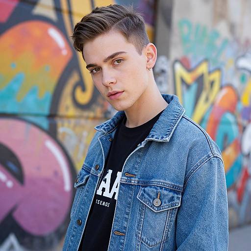 Photograph of a young, fair-skinned man with short, dark hair, wearing a blue denim jacket over a black t-shirt, standing in front