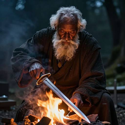 Photograph of an elderly, white-haired, bearded man with a serious expression, sharpening a sword by the light of a campfire in a