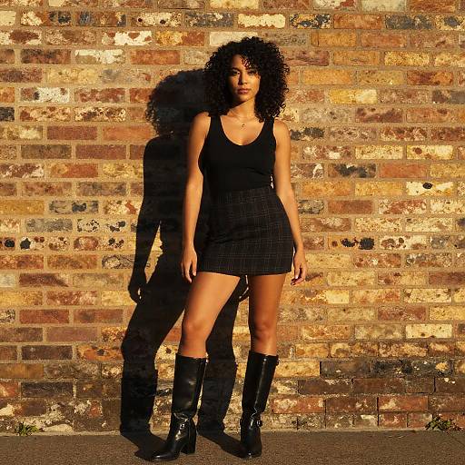 Photograph of a curly-haired woman in a black tank top and plaid mini-skirt, standing against a sunlit brick wall, shadowed by