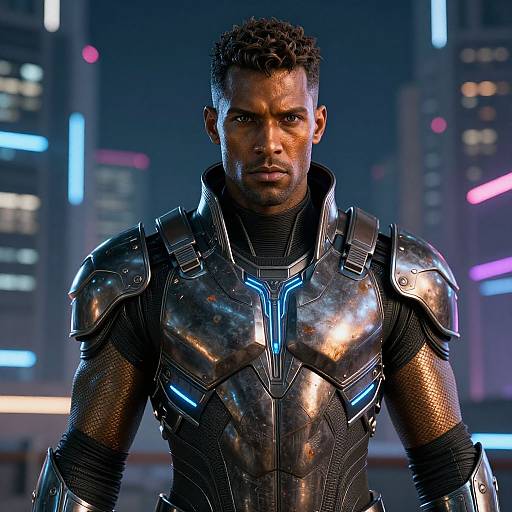 Photorealistic CGI of a muscular Black man with short curly hair, wearing shiny black futuristic armor, standing in a neon-lit cityscape at night