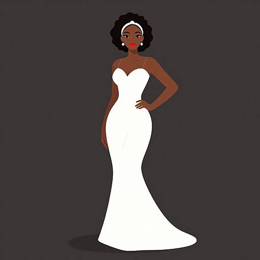 Digital illustration of a dark-skinned woman with red lipstick, wearing a white strapless wedding dress and white headband, standing against a dark blue background