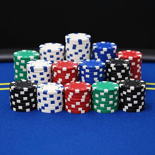 Photograph of colorful casino poker chips (red, blue, green, black, white) stacked in a neat pile on a blue felt table.