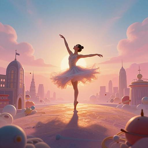 Digital art of a ballet dancer in a white tutu, arms raised, silhouetted against a pink and orange sunset cityscape with floating balloons