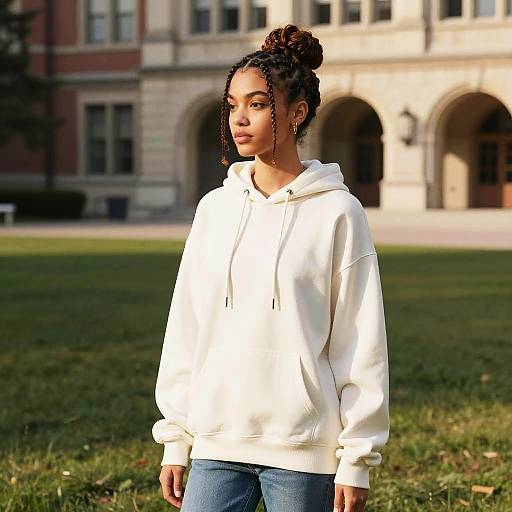 Photograph of a young Black woman with curly hair in a bun, wearing a white hoodie and blue jeans, standing on a grassy lawn with a