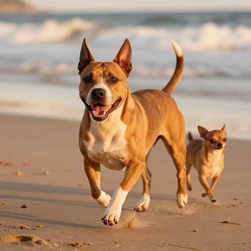 Photograph of a brown and white dog with a white chest running on a sandy beach, tongue out, with a smaller tan and white cat following closely