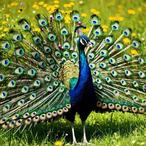 Peacock Displaying Feathers in Sunny Meadow