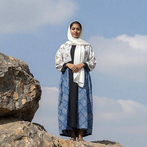 Woman on Rocky Hill with Scenic Sky