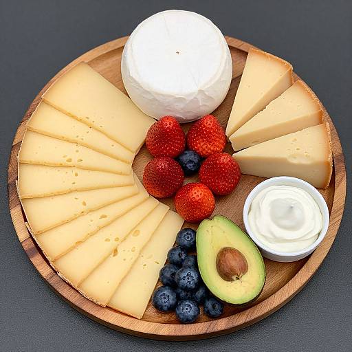 Photograph of a wooden plate with cheese wedges, a round of white cheese, strawberries, blueberries, an avocado half, and a white dip