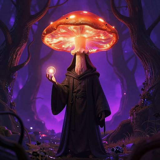 Neon Mushroom Figure in Dark Forest