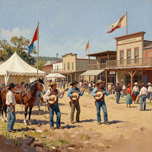 Oil painting of a Western town square with three men playing guitars, a brown horse, white tents, and two buildings with flags.