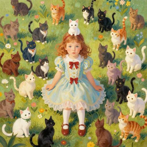 Digital painting: Curly-haired girl in blue dress with red bow, surrounded by colorful cats in sunlit, flower-filled meadow. White cat on