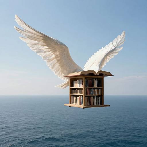 Photograph of a floating wooden bookshelf with open book on top, adorned with large white angel wings, soaring above a calm blue ocean under a clear