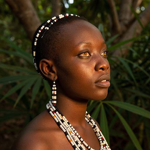 Photograph of a dark-skinned African woman with braided hair adorned with white and black beads, wearing a matching bead necklace, with a forest background