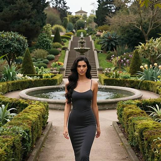 Photograph of a striking woman with long black hair in a tight black dress, walking through a lush, manicured garden with a central fountain, surrounded
