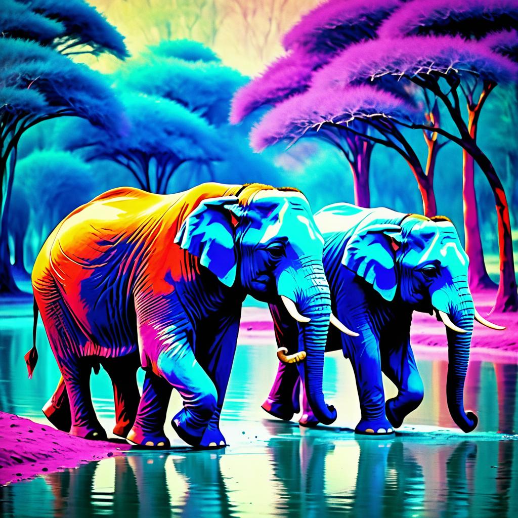 Vibrant Elephants in Retro Film Style