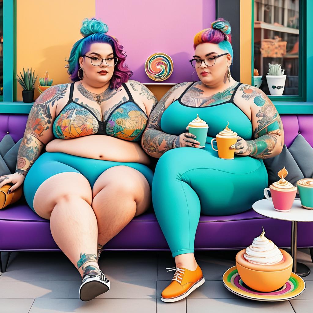 Surreal Plus-Size Hipster Duo in Café