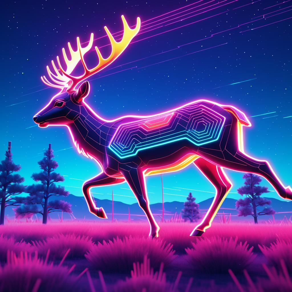 Synthwave Robotic Deer in Digital Landscape